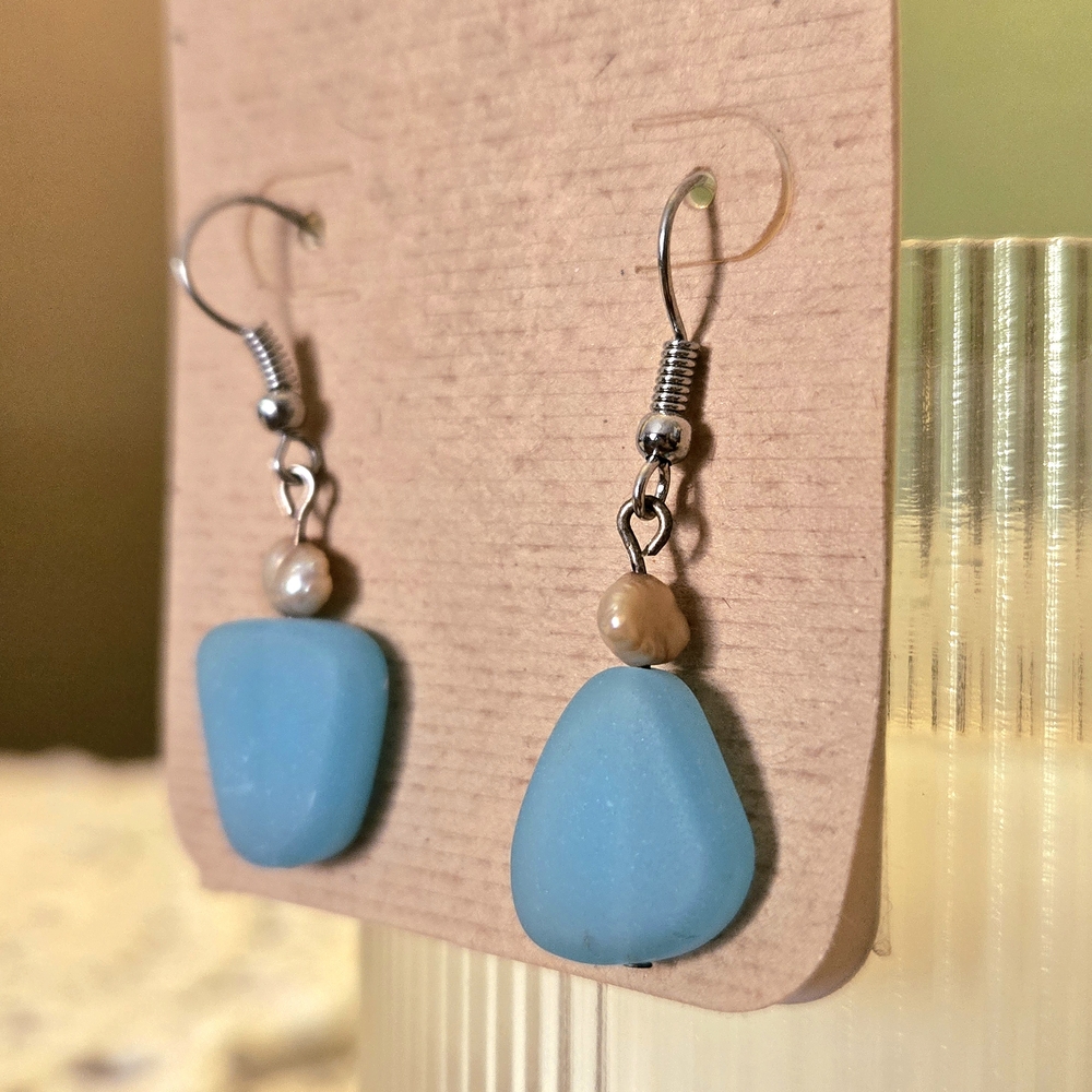 Blue Sea Glass Drop Earrings with Pearl Accent